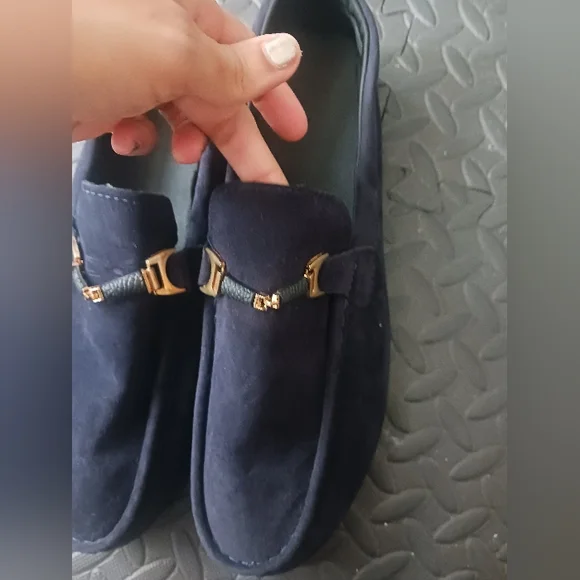 Men Navy Blue Belted Velvet Moccasins Shoes - Picture 3 of 11